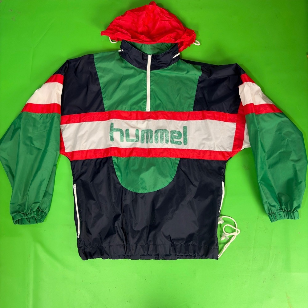 VTG 90s Hummel Big Spell Out Windbreaker Mens S Colorblock 1/2 Zip Hooded Anorak